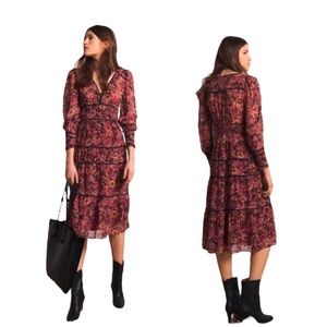 BA&SH Gigi Long Sleeve Dress Floral Midi NWT NEW 1 Small Boho Smocked Floral